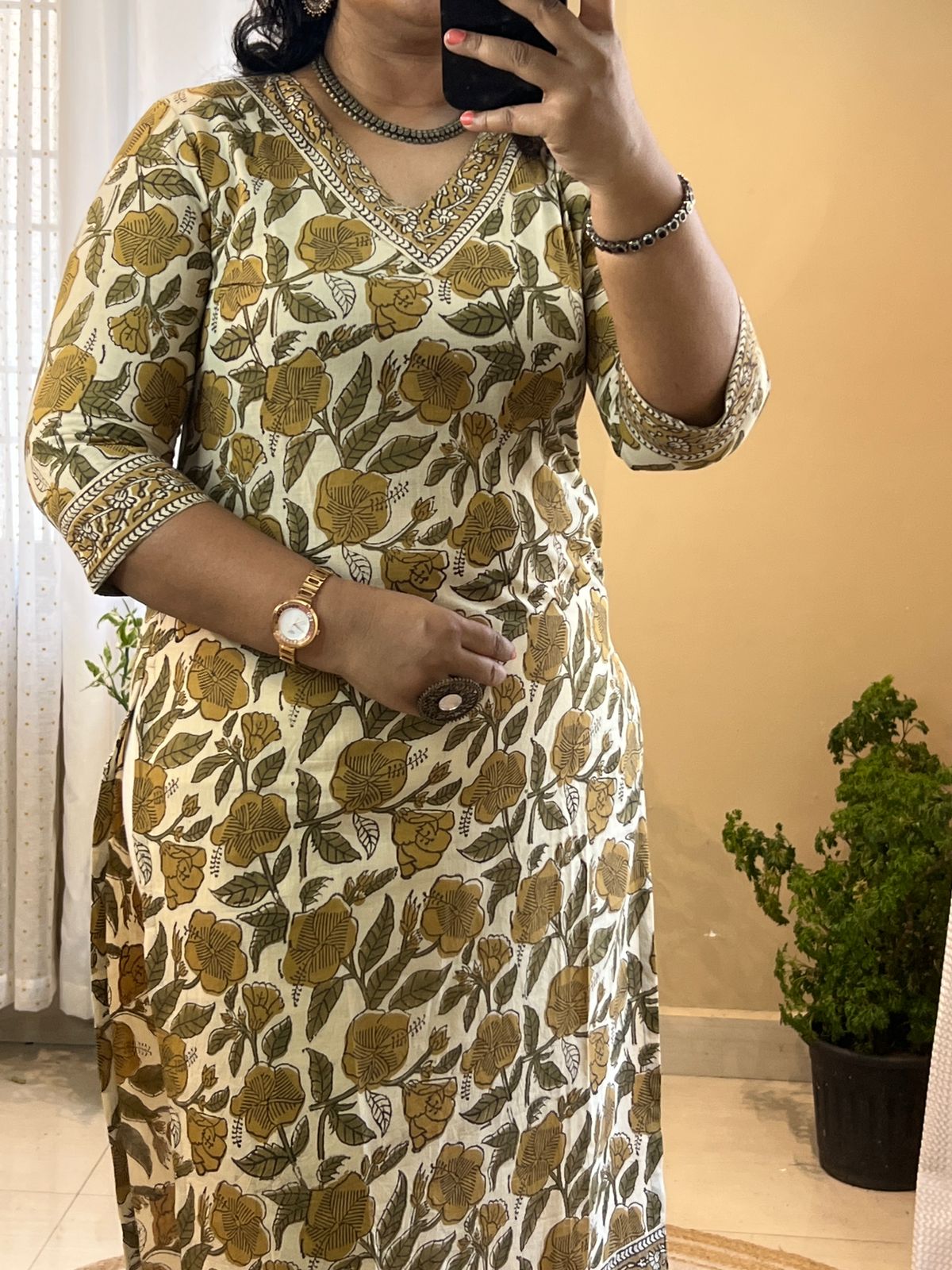 Beige Cotton Hand Block Kurti