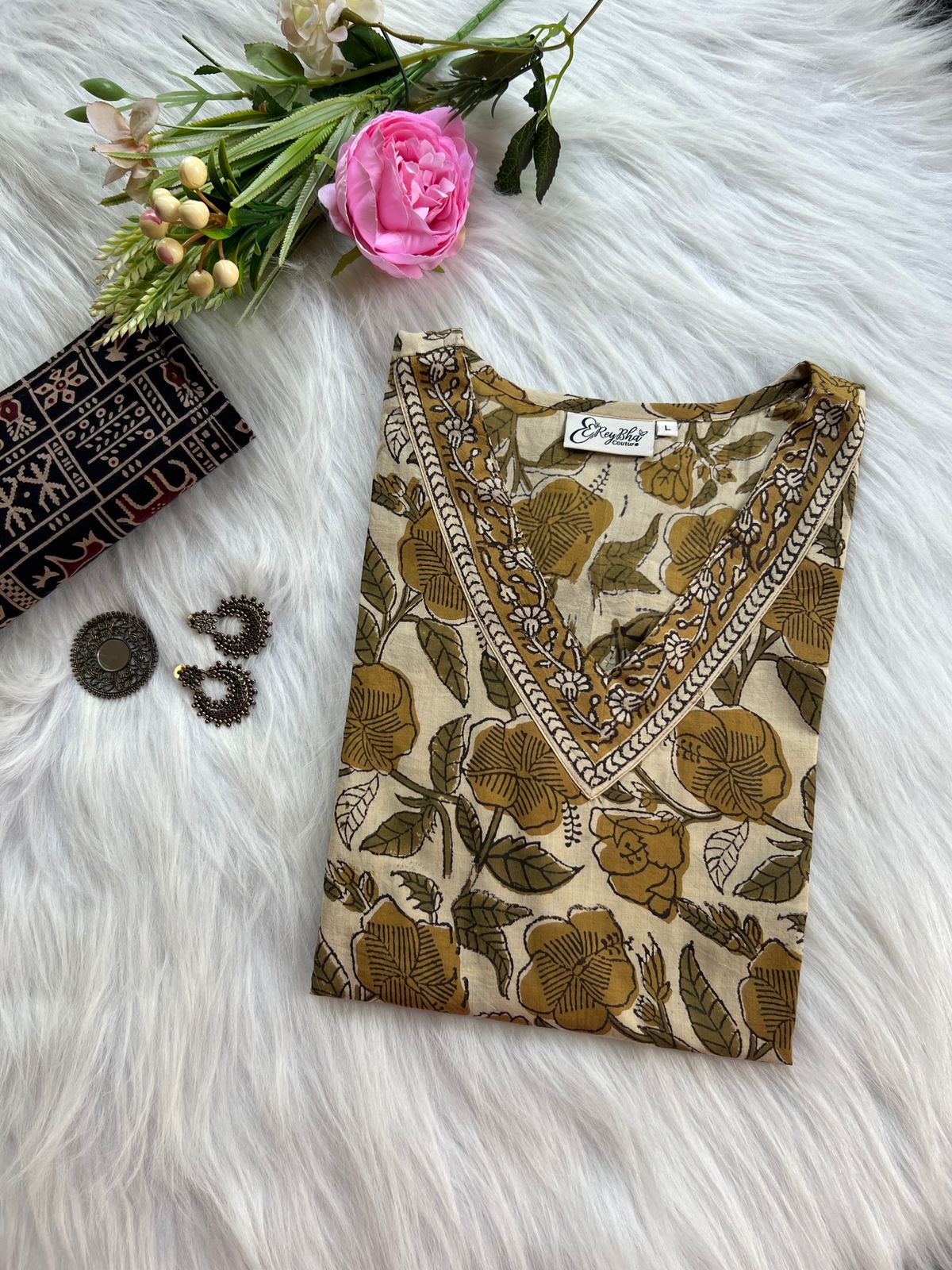 Beige Cotton Hand Block Kurti