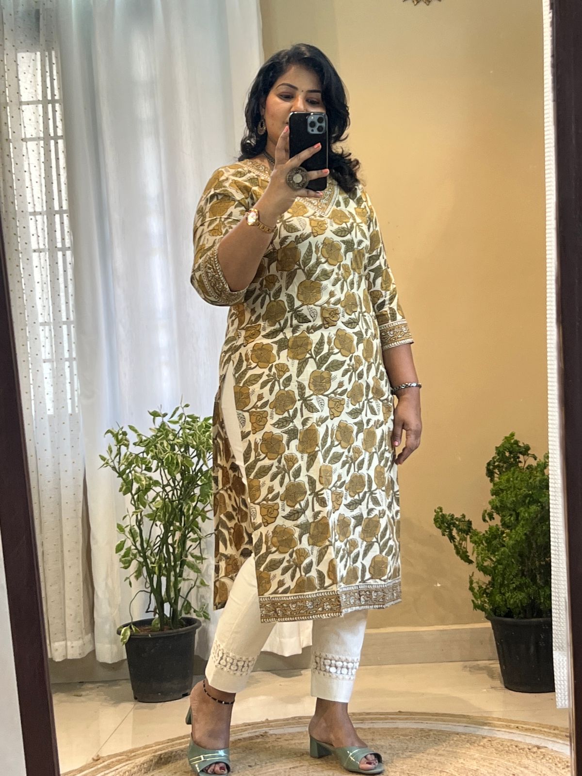 Beige Cotton Hand Block Kurti