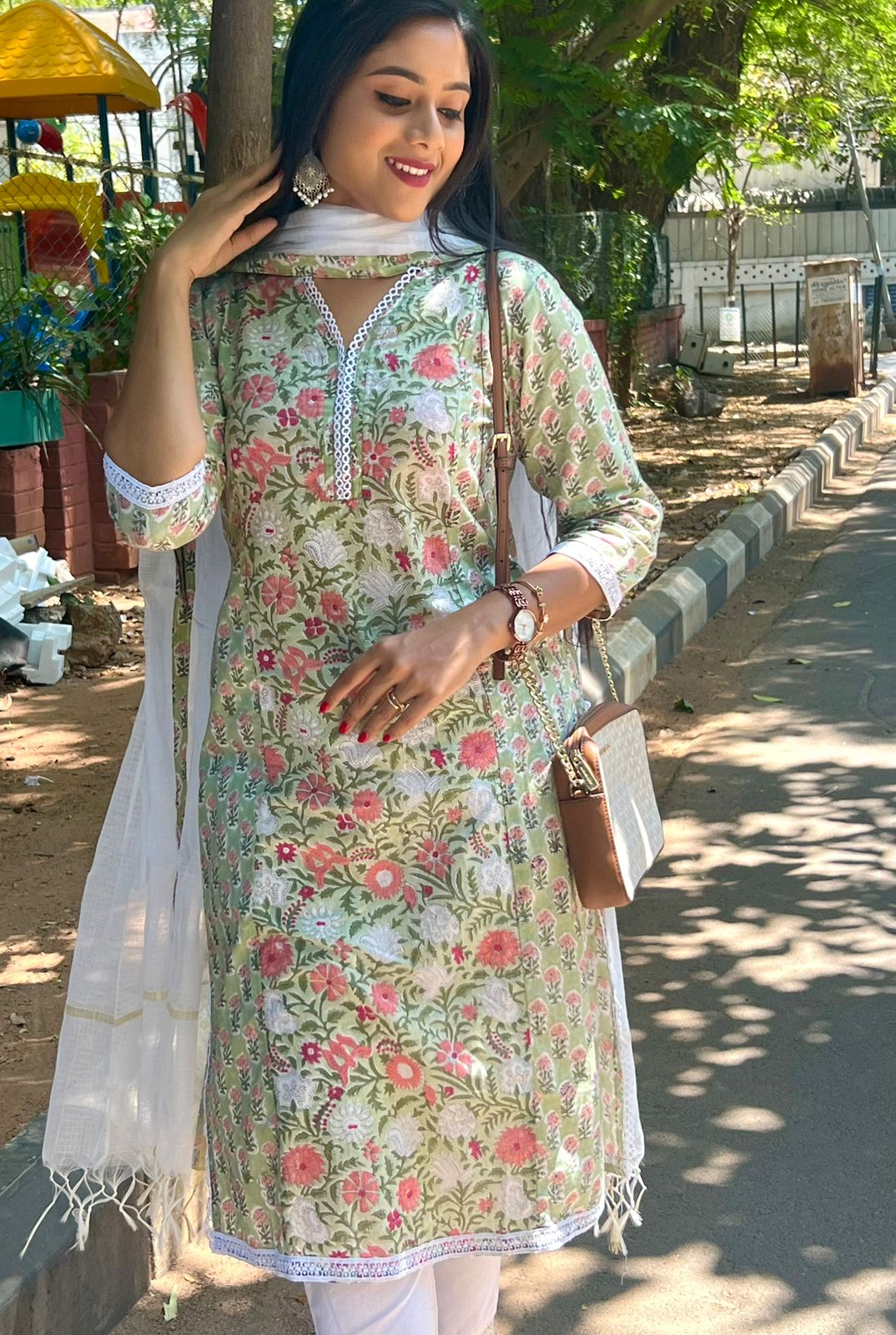 Green Lace Kurti With Kota Dupatta