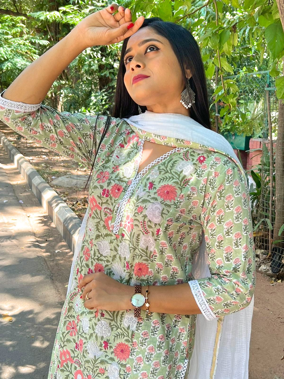 Green Lace Kurti With Kota Dupatta
