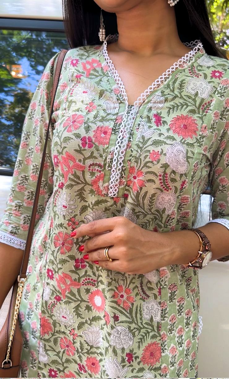 Green Lace Kurti With Kota Dupatta
