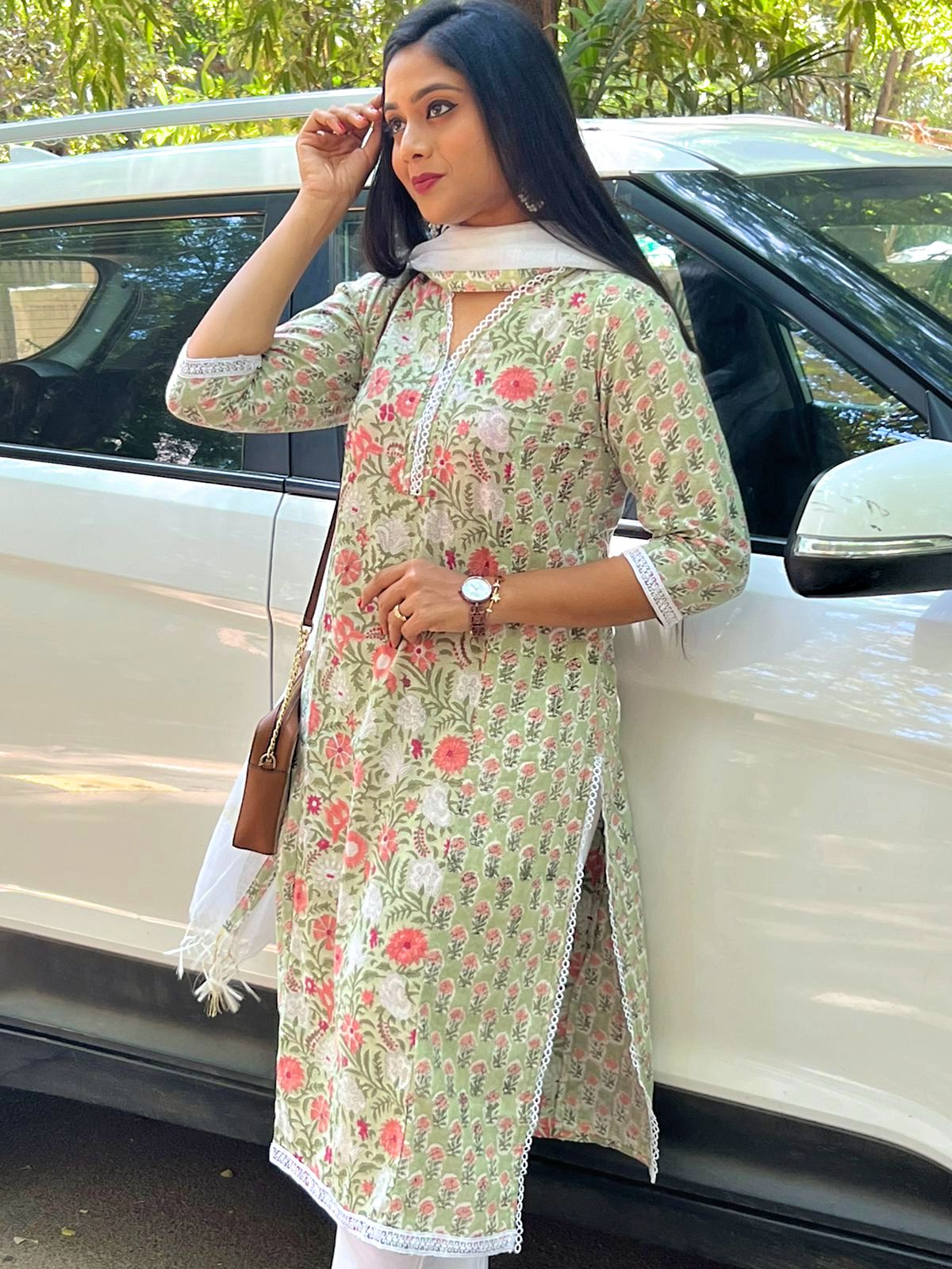 Green Lace Kurti With Kota Dupatta