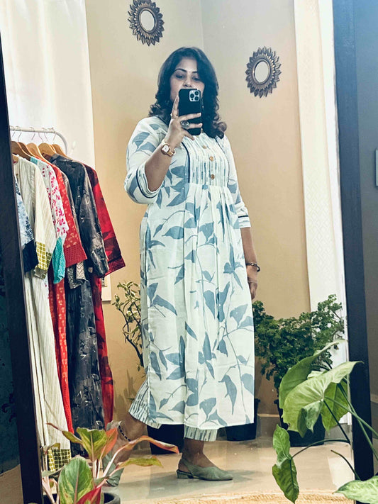 Grey Blue Muslin Sequence Dress With Pant