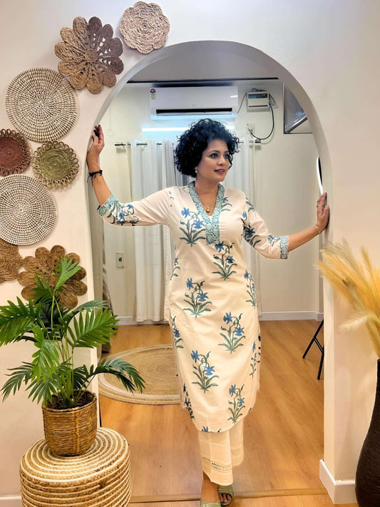 White and Blue High Neck Kurti