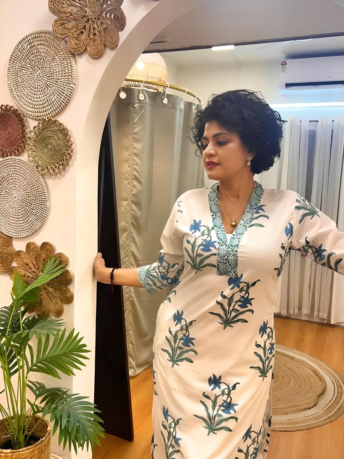 White and Blue High Neck Kurti