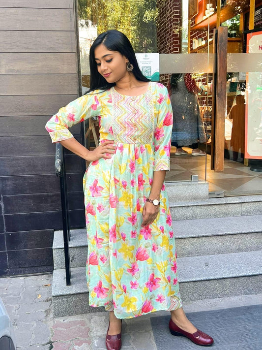Muslin Green ZigZag Dress With Pant