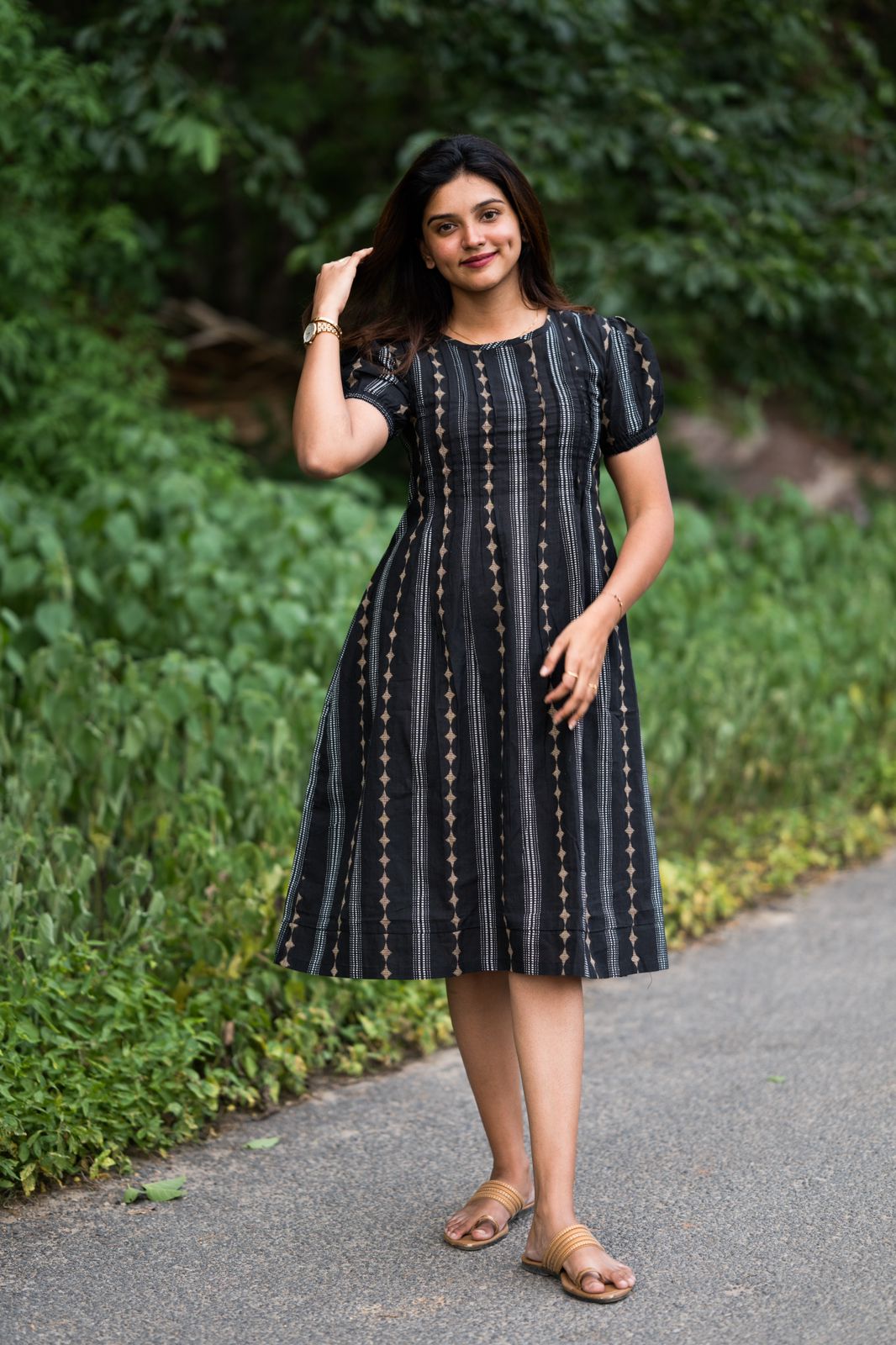 Pintuck Black Mid Length Dress