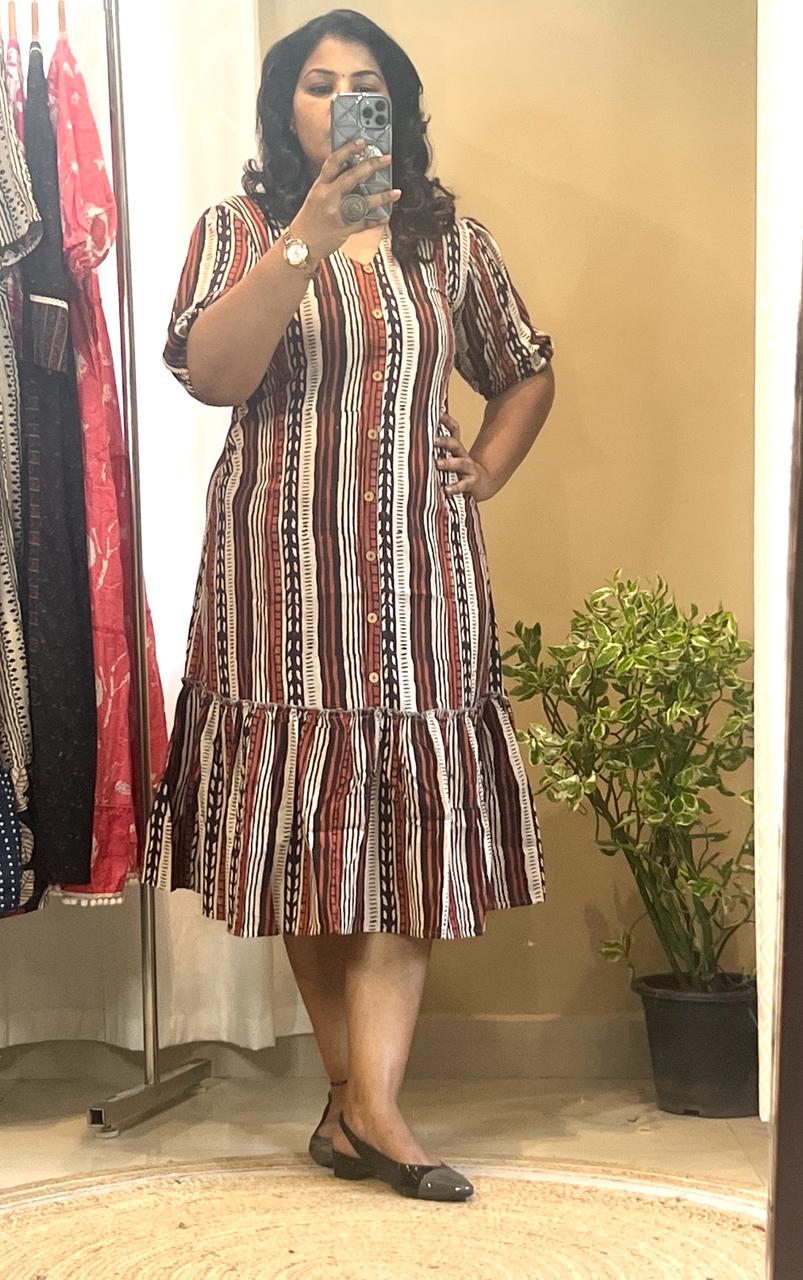 Cotton Stripe Long Dress - Red and Brown