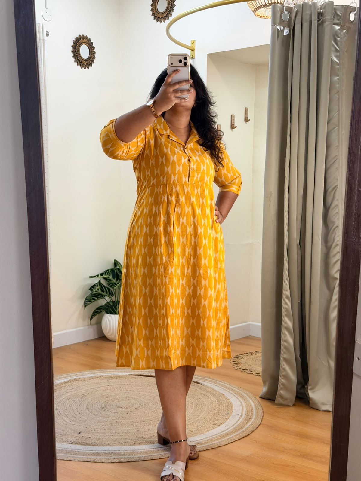 Yellow Cotton Collar Midi Dress