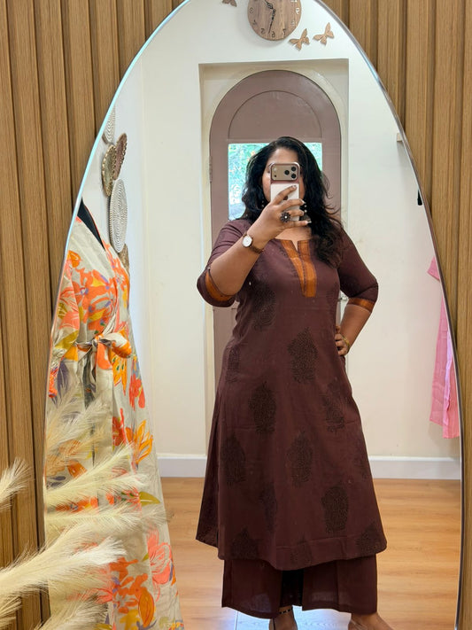 A-Line Co-Ord Set Brown - Antique zari