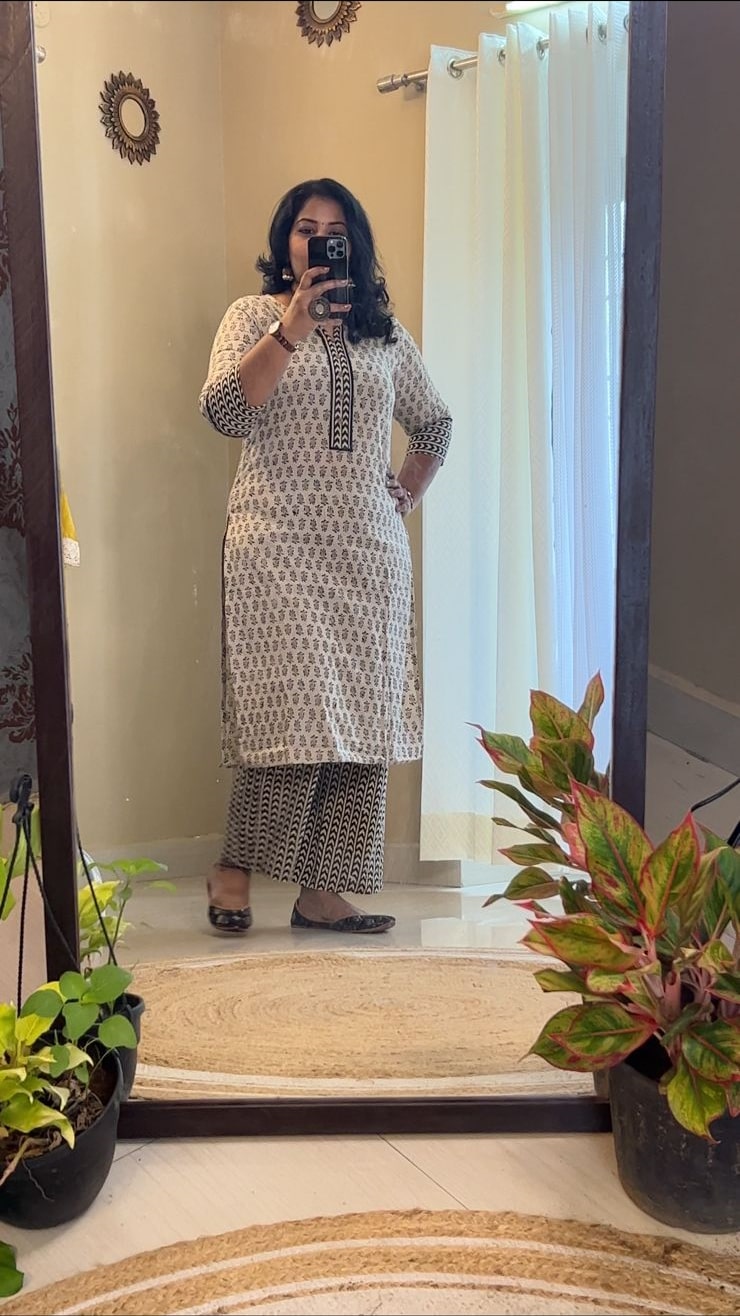 Ivory and Black Cotton Office Wear Kurti Set