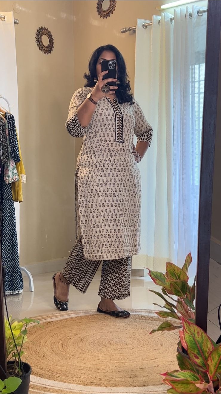 Ivory and Black Cotton Office Wear Kurti Set