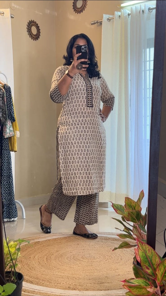 Ivory and Black Cotton Office Wear Kurti Set