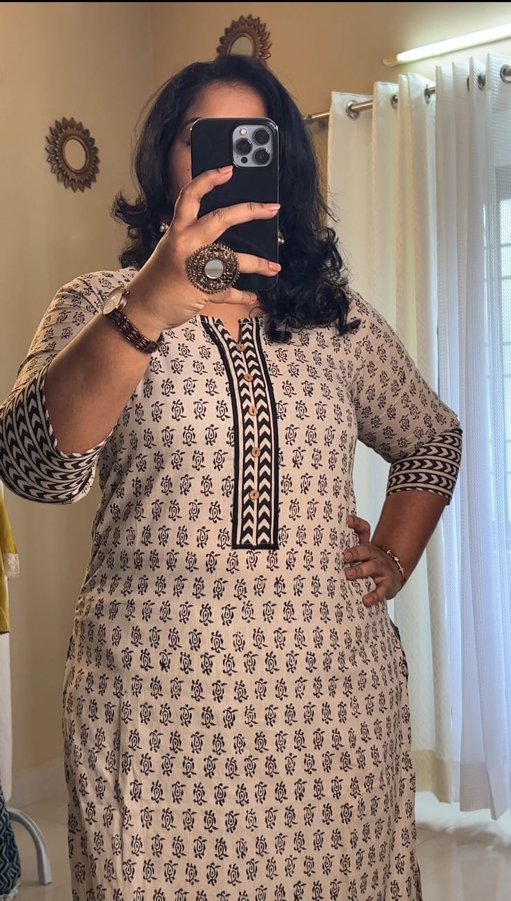 Ivory and Black Cotton Office Wear Kurti Set