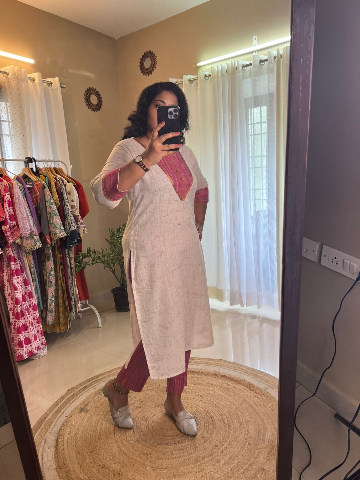 Office Wear Kurti Set - White & Pink - RoseGold Lace