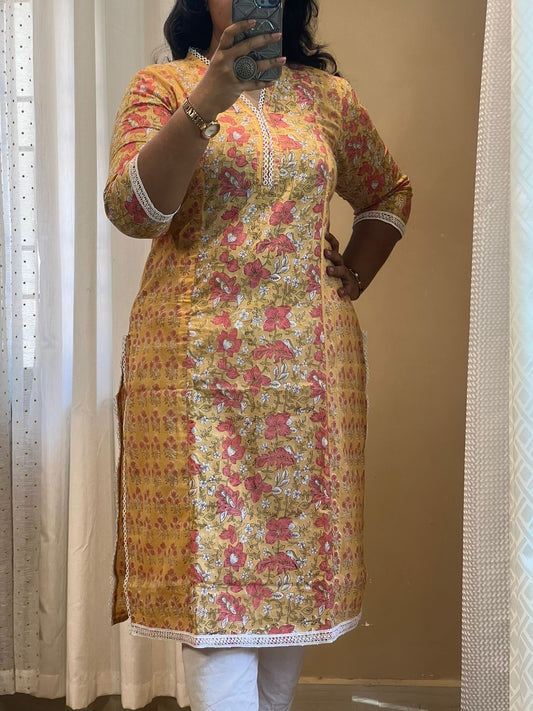 Yellow Lace Kurti With Kota Dupatta