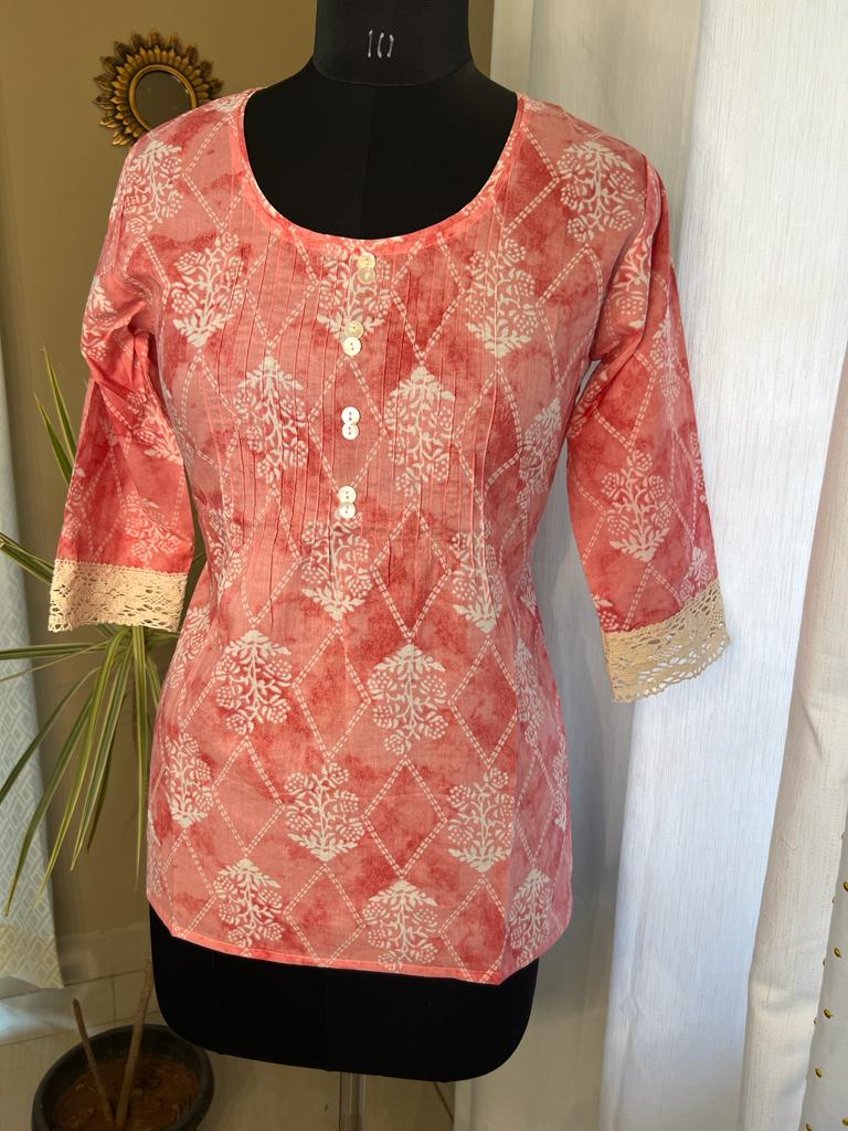 Peach Short Kurti With Lace