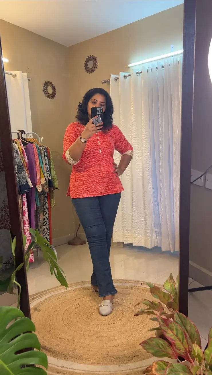 Red Short Kurti With Lace
