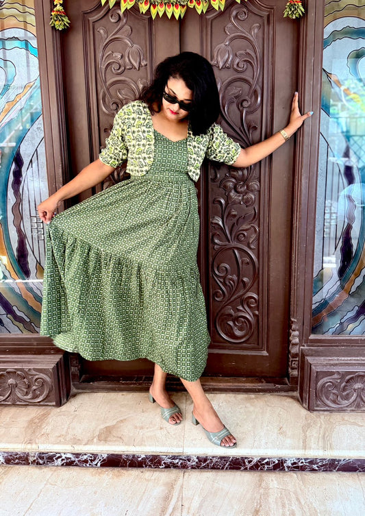 Green Cotton Overcoat Dress Set