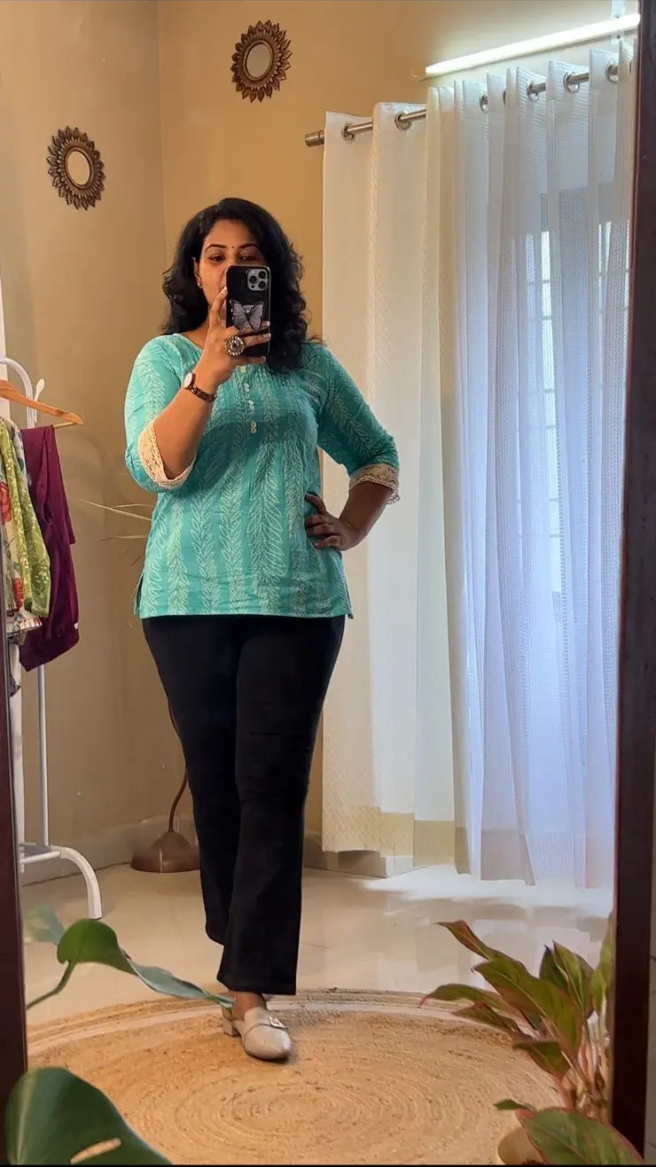 Sea Green Short Kurti With Lace