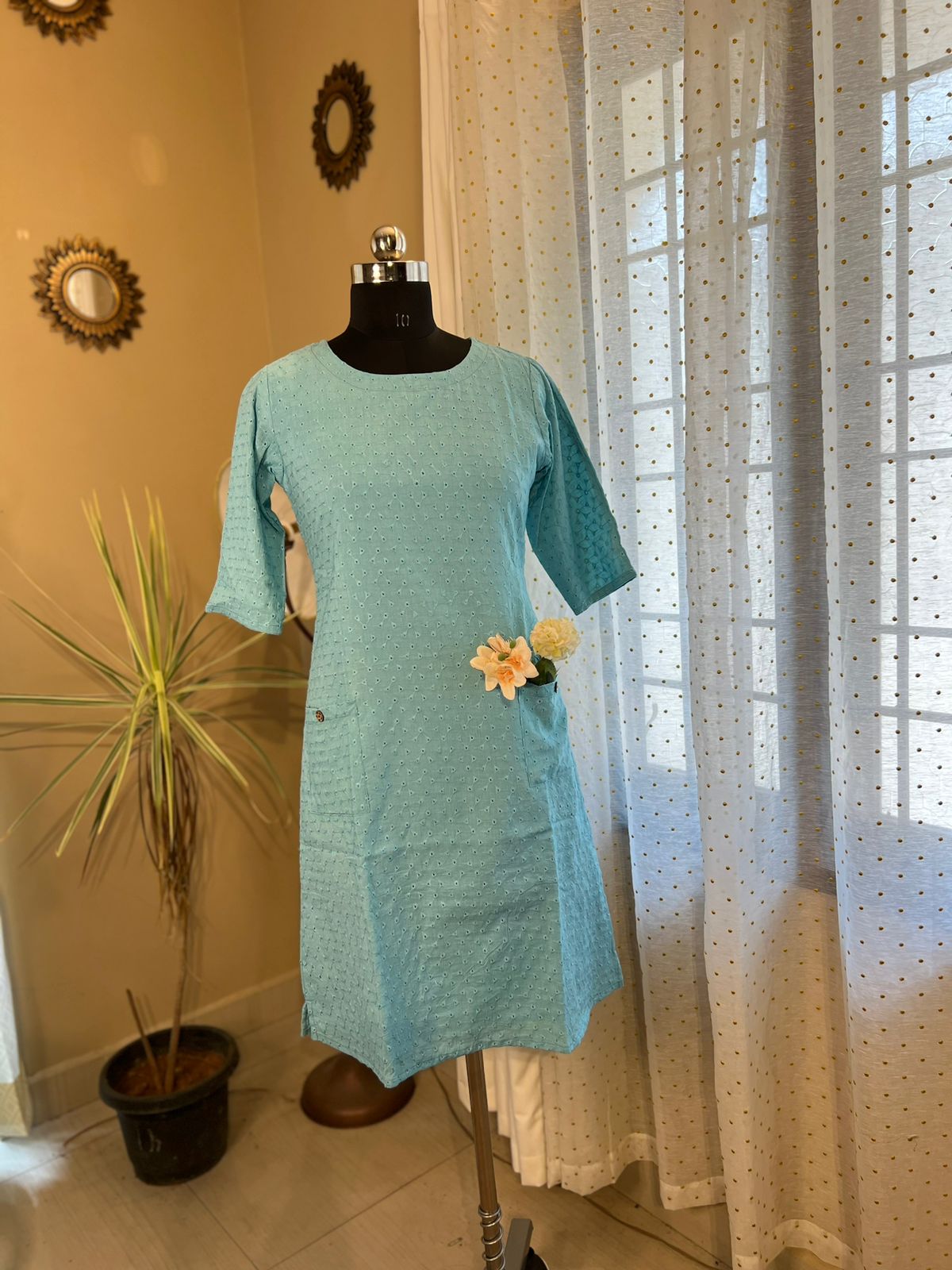 Blue Hakoba Midi Dress with Sleeves