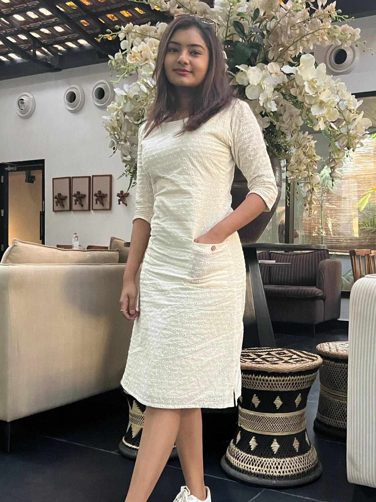 Ivory Hakoba Midi Dress with Sleeves