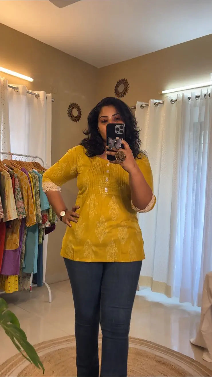Yellow Short Kurti With Lace
