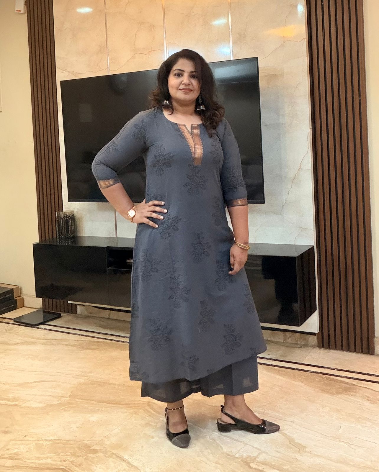 A-Line Co-Ord Set Grey - Antique zari