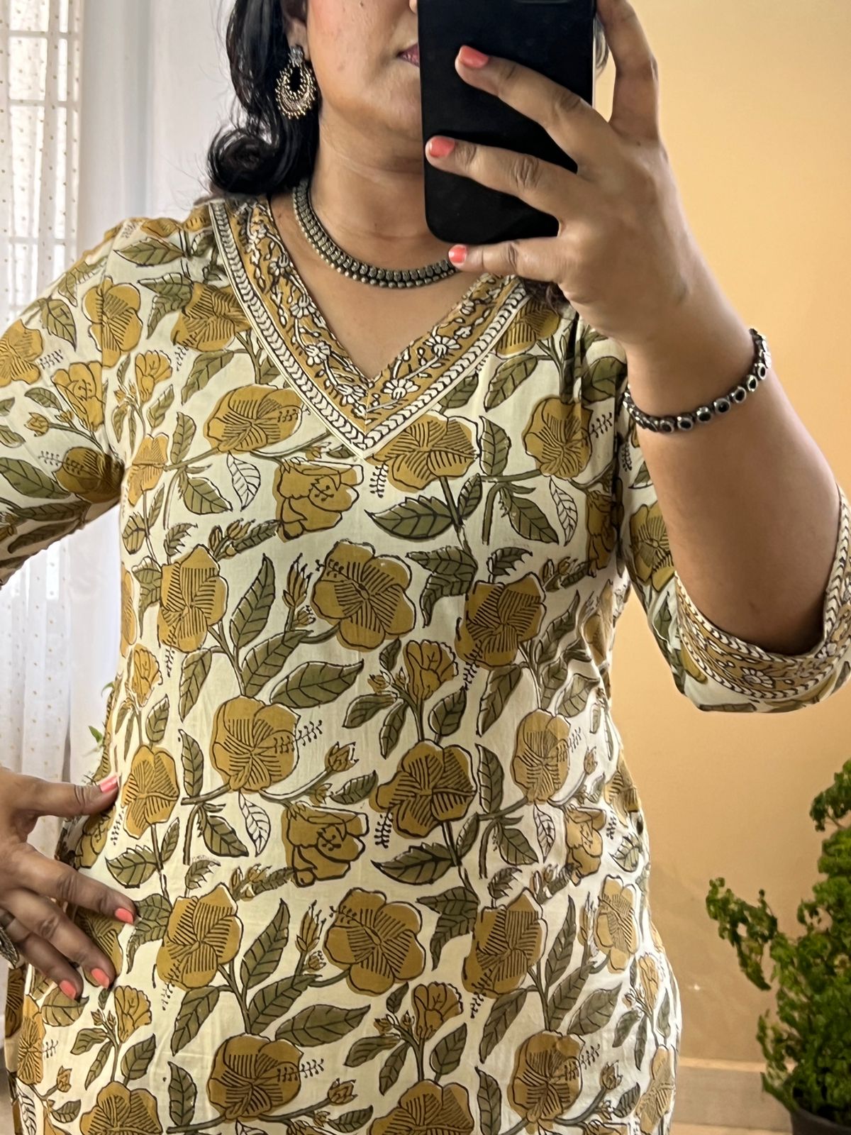 Beige Cotton Hand Block Kurti