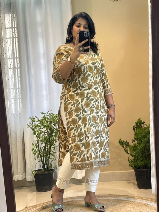 Beige Cotton Hand Block Kurti
