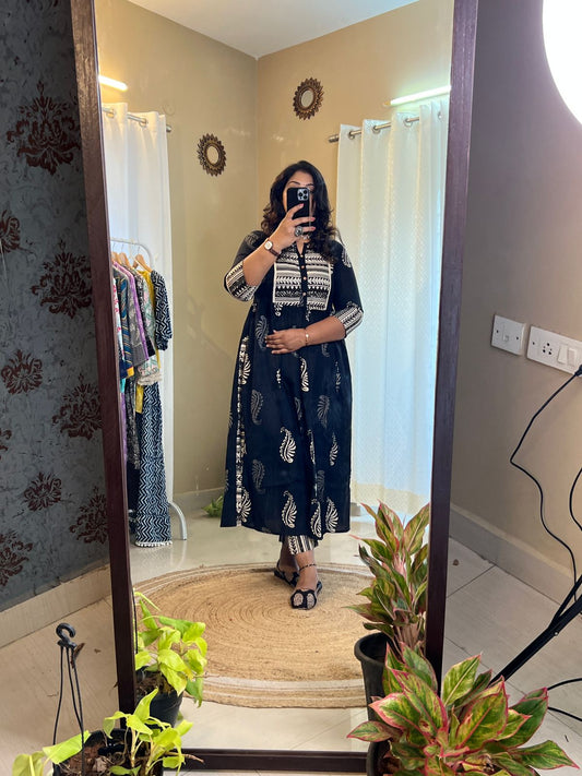Black Nyra Cut Kurti -Hand Block Cotton