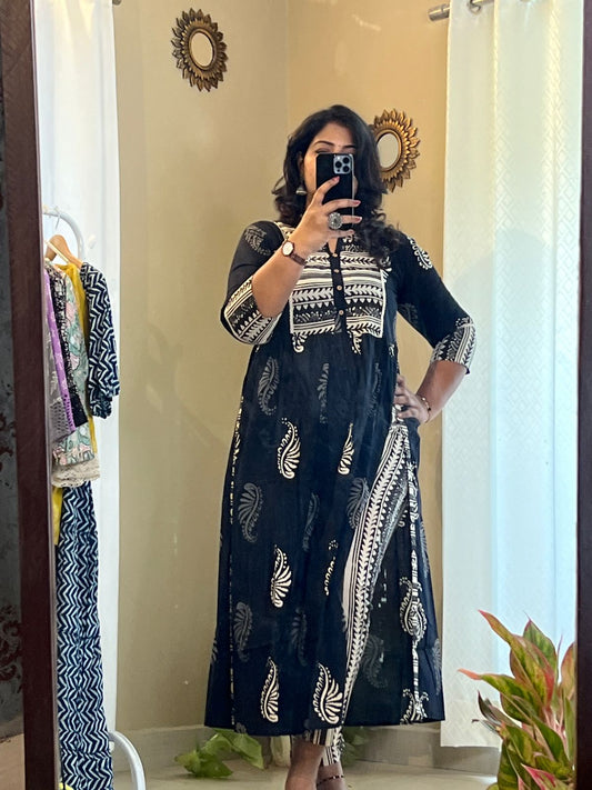 Black Nyra Cut Kurti -Hand Block Cotton