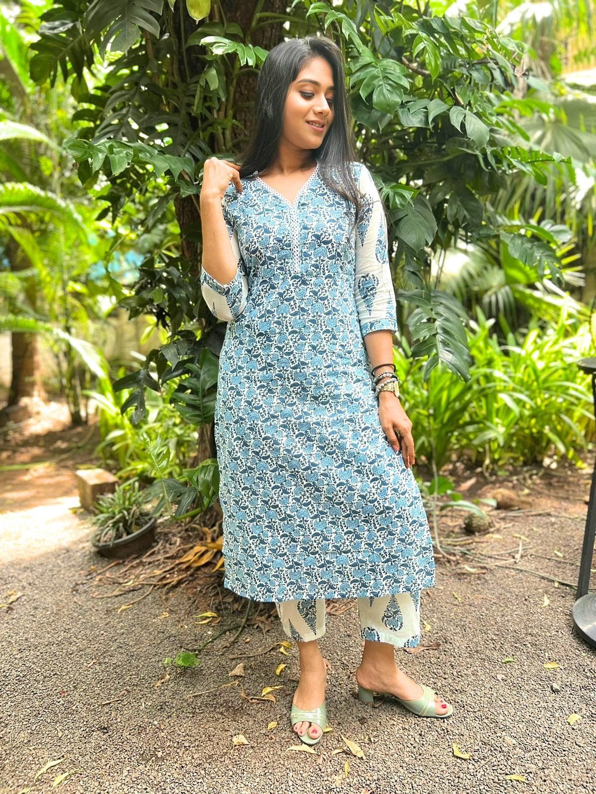 Blue High Neck Kurti Set