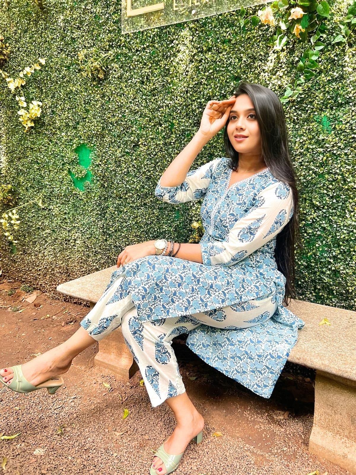 Blue High Neck Kurti Set