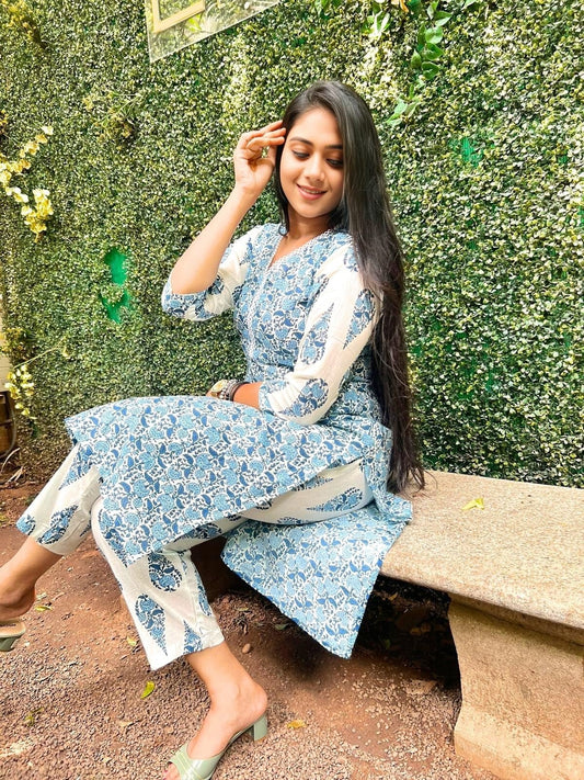 Blue High Neck Kurti Set