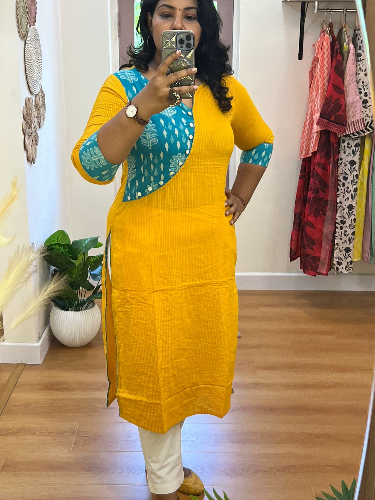 Criss Cross Kantha Kurti - Yellow