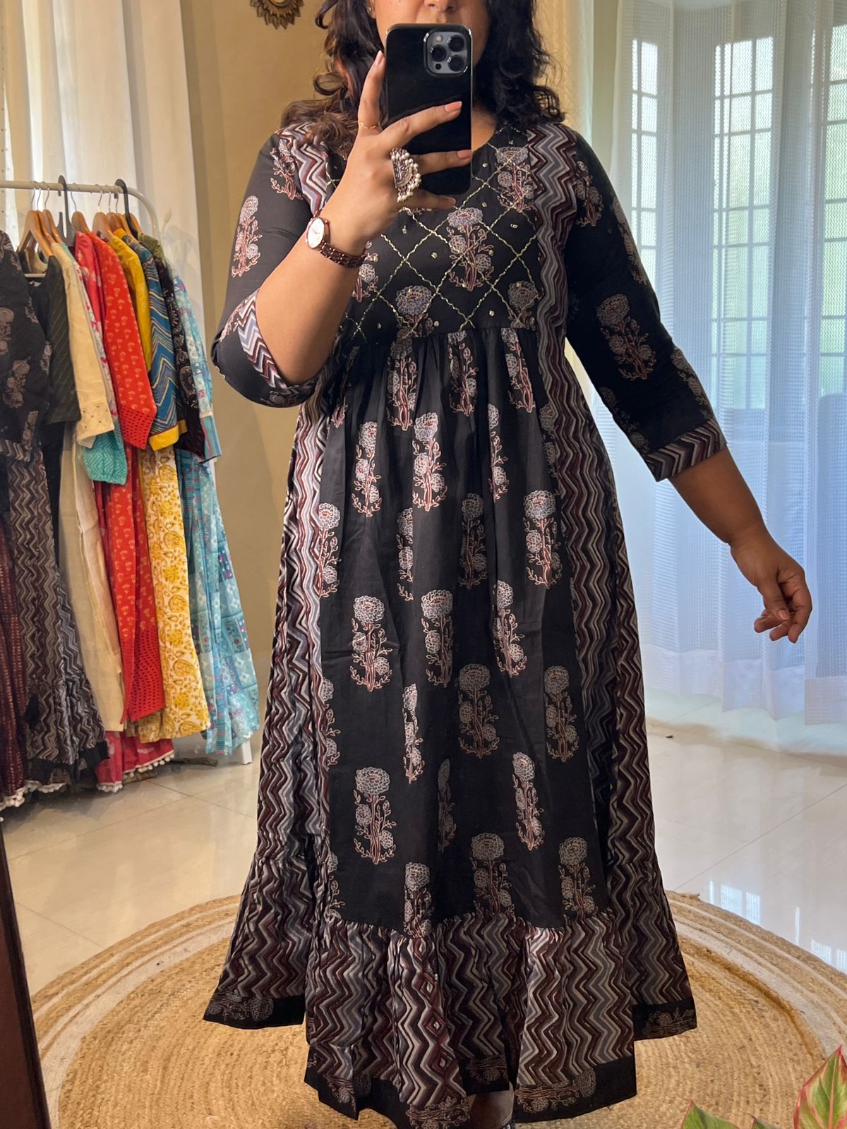 Cotton Embroidered Long Dress Black