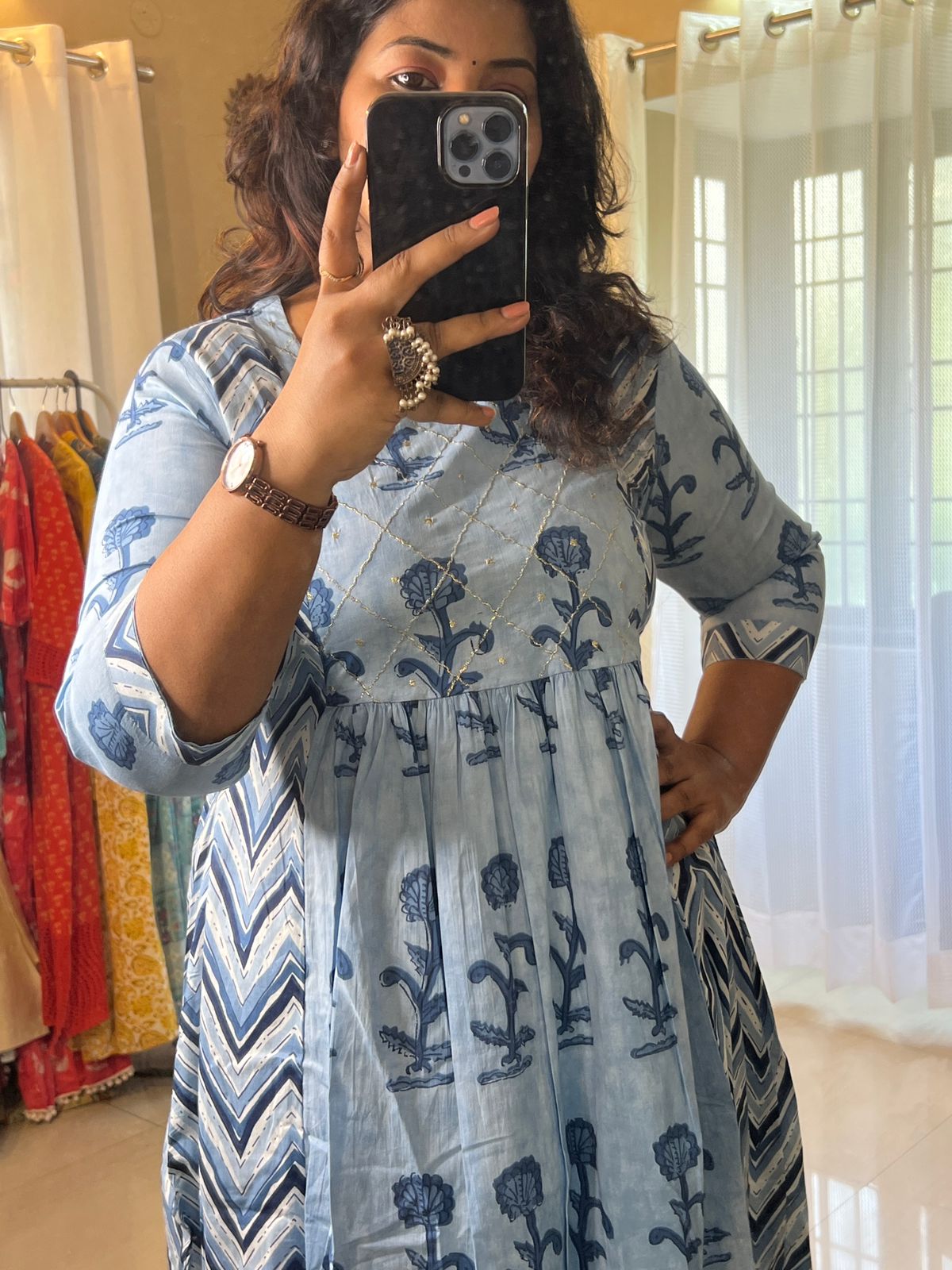 Cotton Embroidered Long Dress Blue