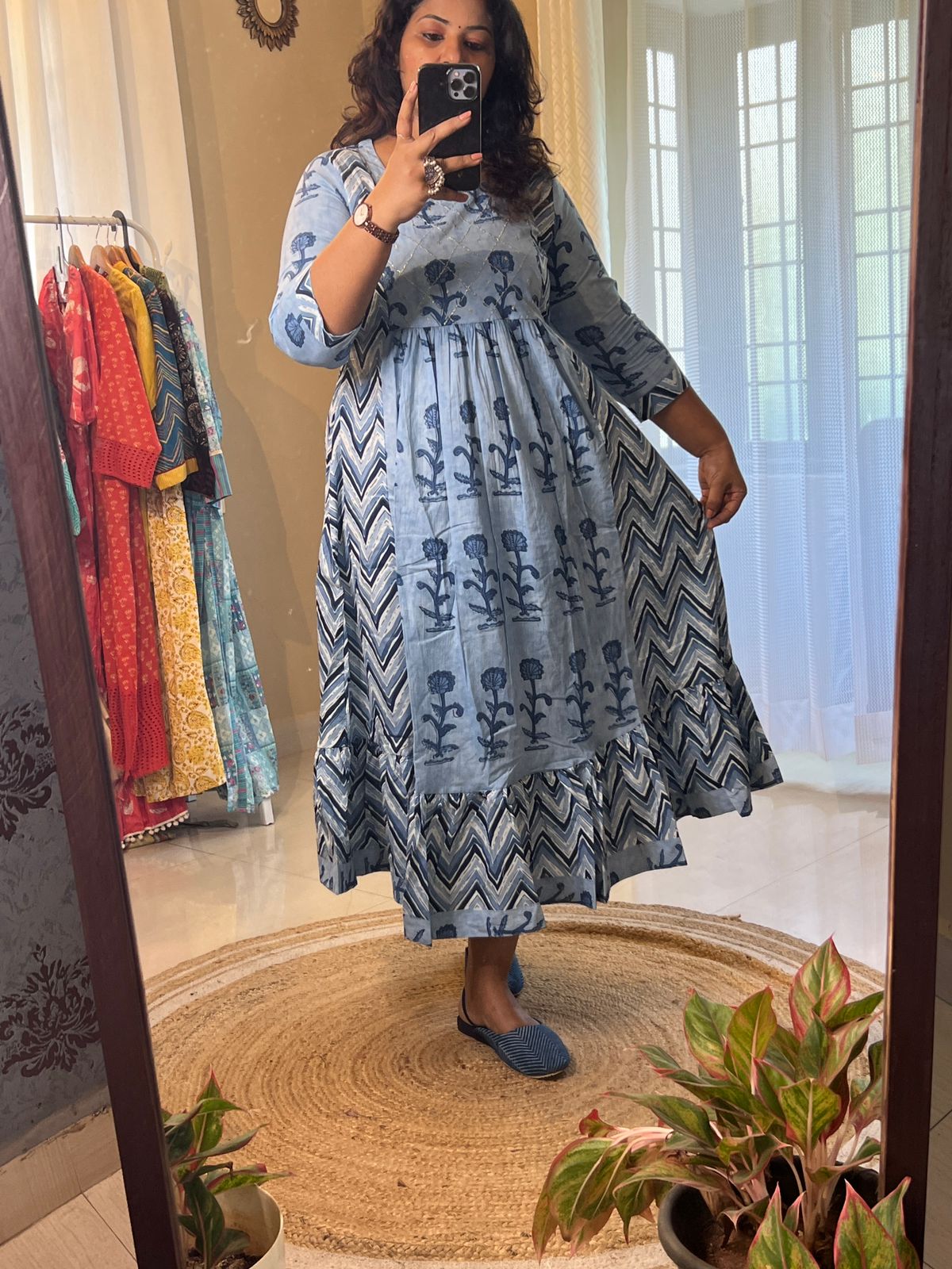 Cotton Embroidered Long Dress Blue