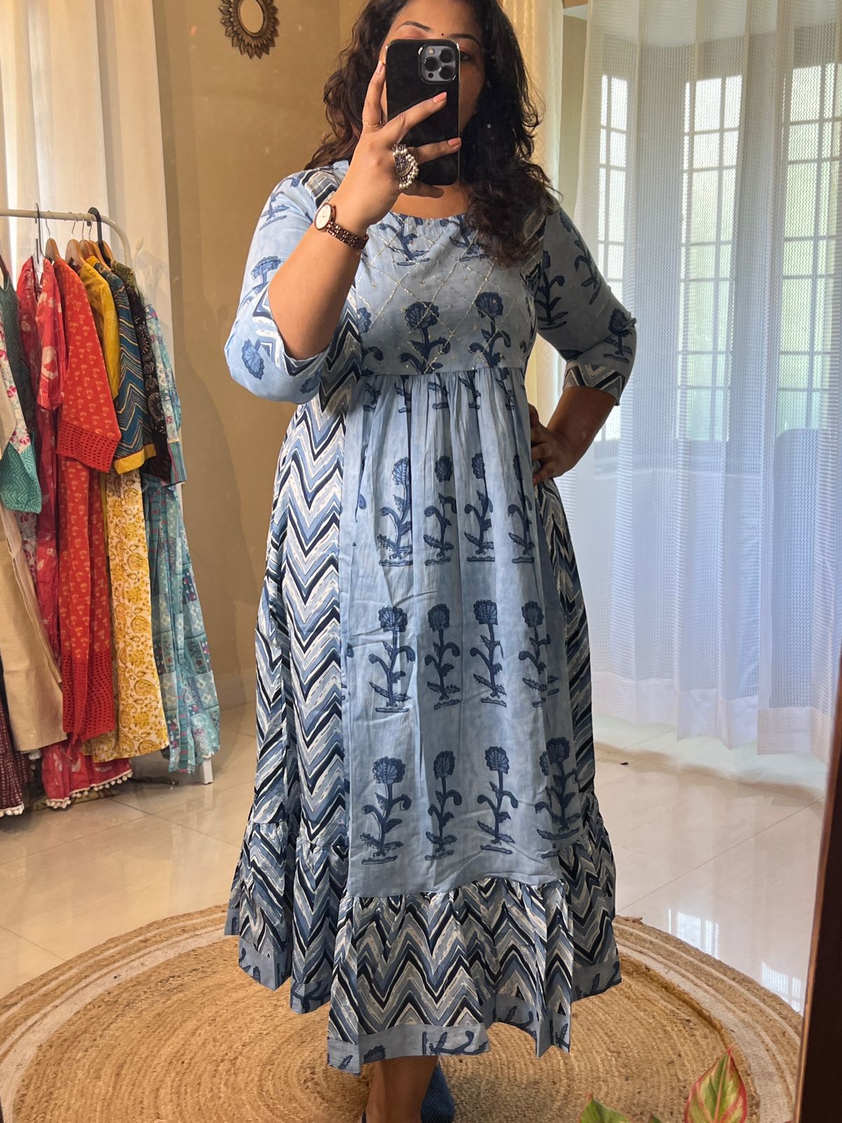 Cotton Embroidered Long Dress Blue
