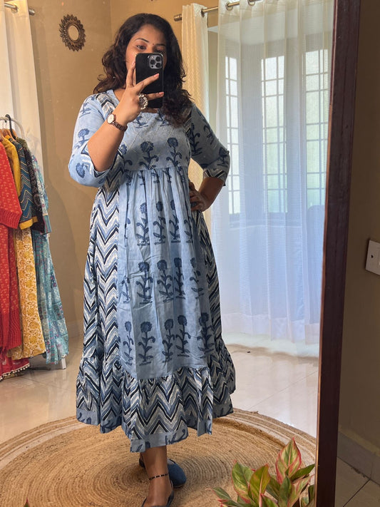 Cotton Embroidered Long Dress Blue