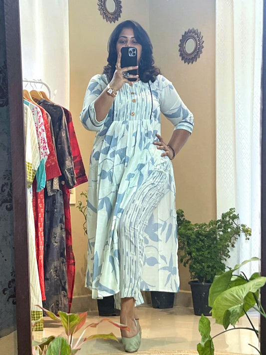 Grey Blue Muslin Sequence Dress With Pant