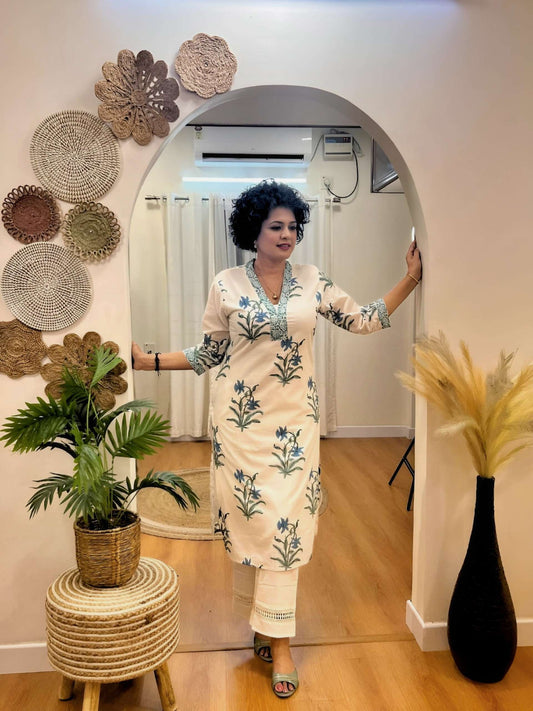 White and Blue High Neck Kurti