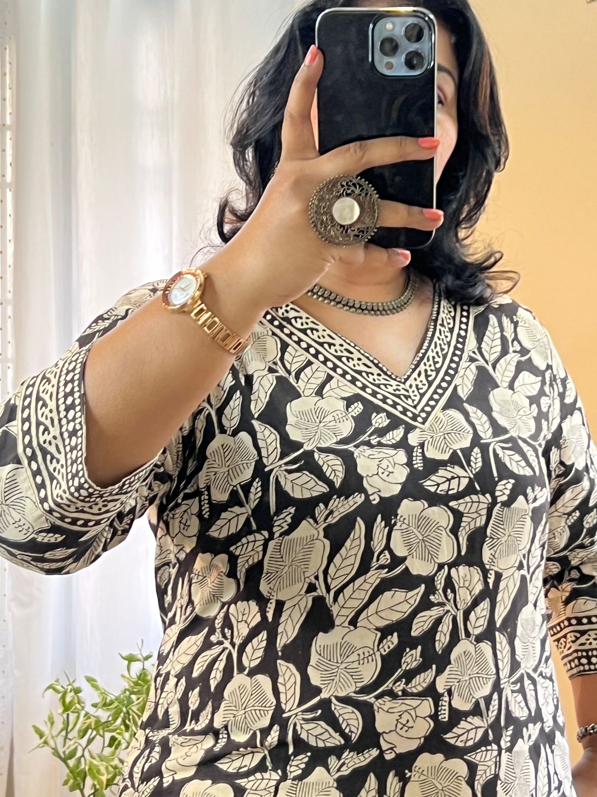 Black Cotton Hand Block Kurti