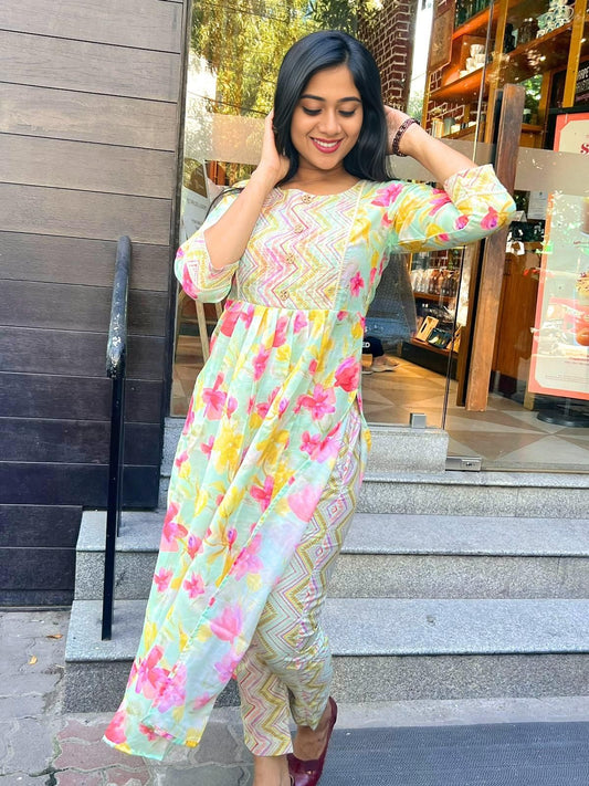 Muslin Green ZigZag Dress With Pant