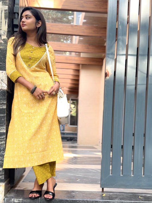 Office Kurti Set - Yellow Green