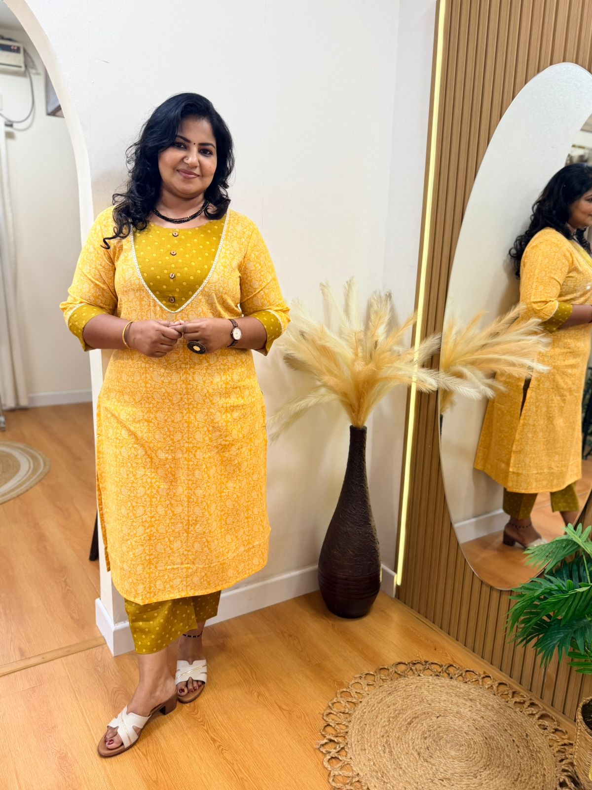 Office Kurti Set - Yellow Green