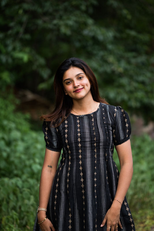 Pintuck Black Mid Length Dress