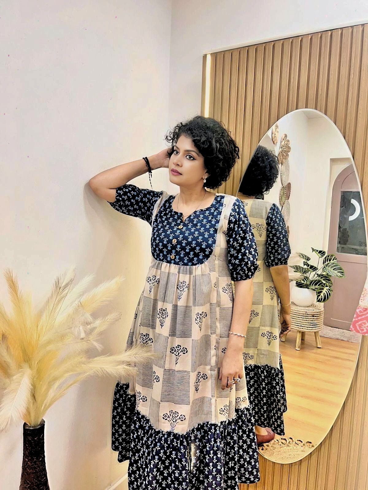 Pleated Indigo Dress Floral